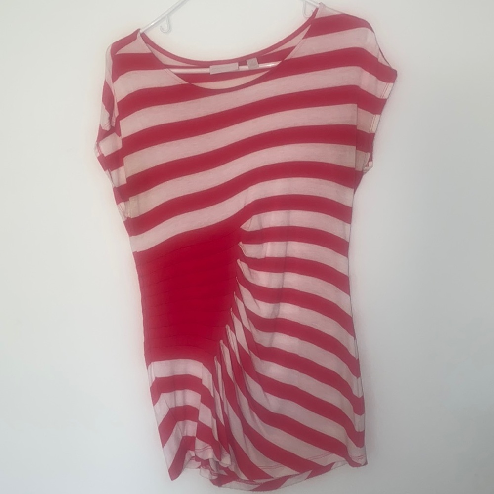 New York and Company Coral/Pink & White Stripe Cupped Sleeve Tshirt - Size Large